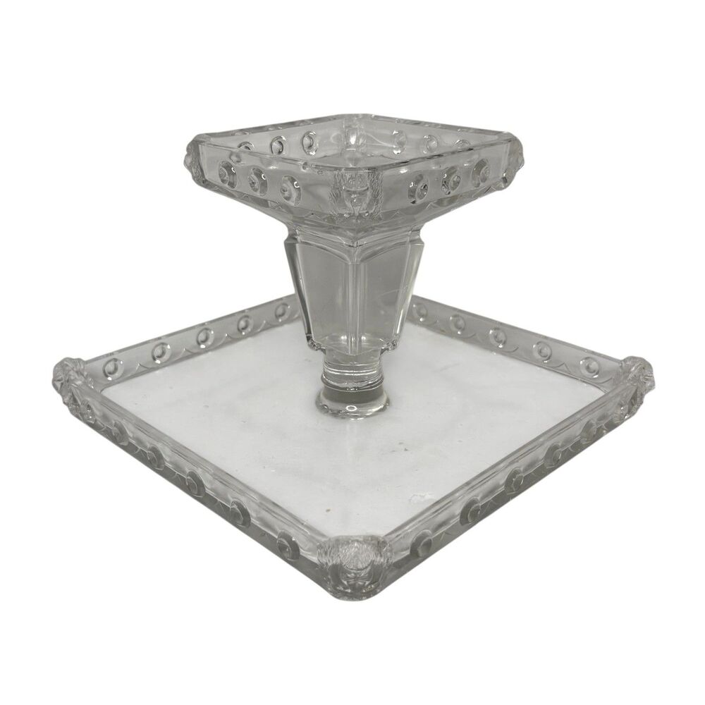Rare Fostoria "Atlanta" Pattern Square Lion Glass Footed Pedestal Cake Stand - Picture 5 of 8